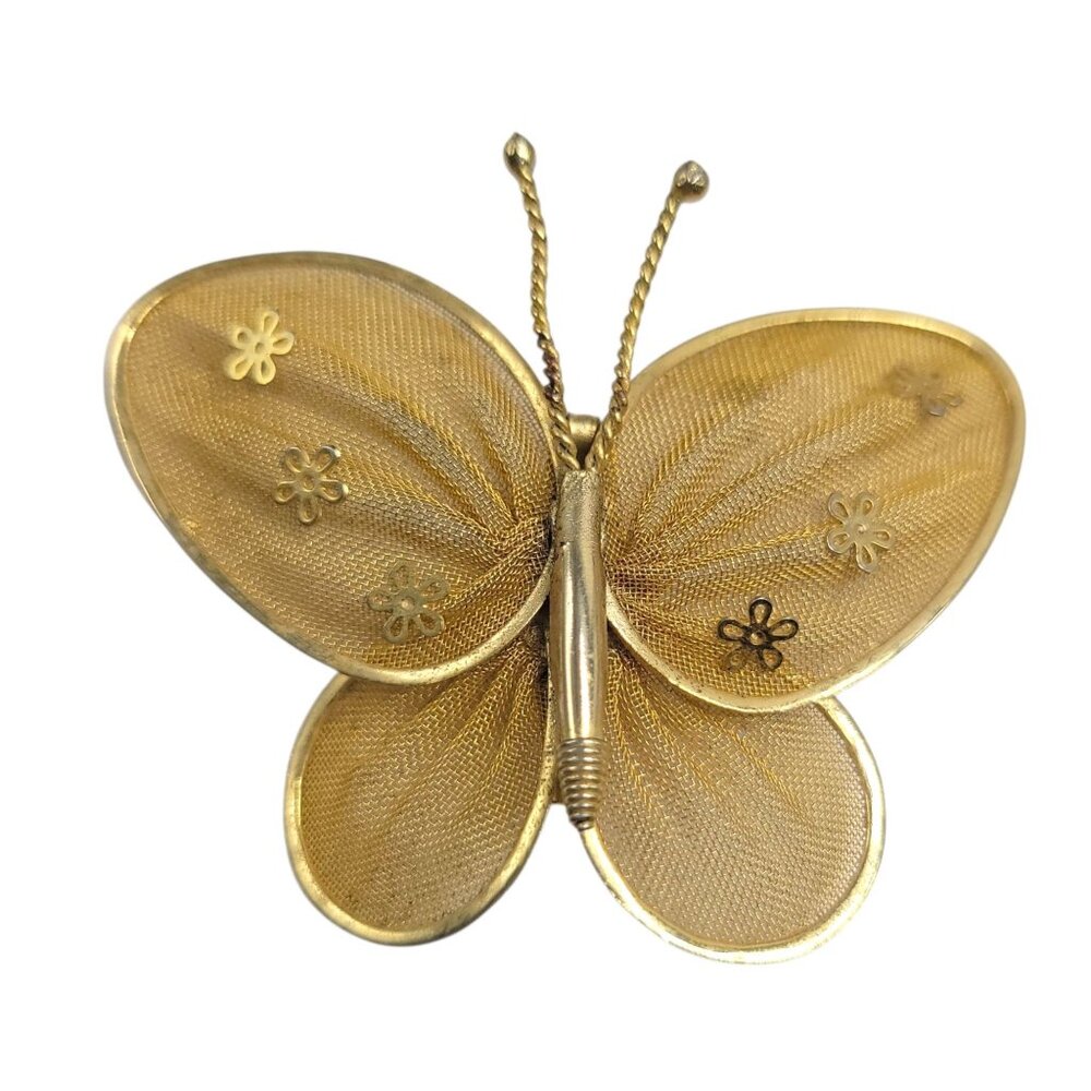 Vintage Gold Mesh Butterfly Brooch Pin With Floral Detail